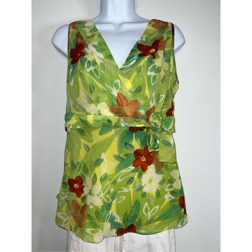 Women’s Silk Green Floral Tank Top Blouse 14